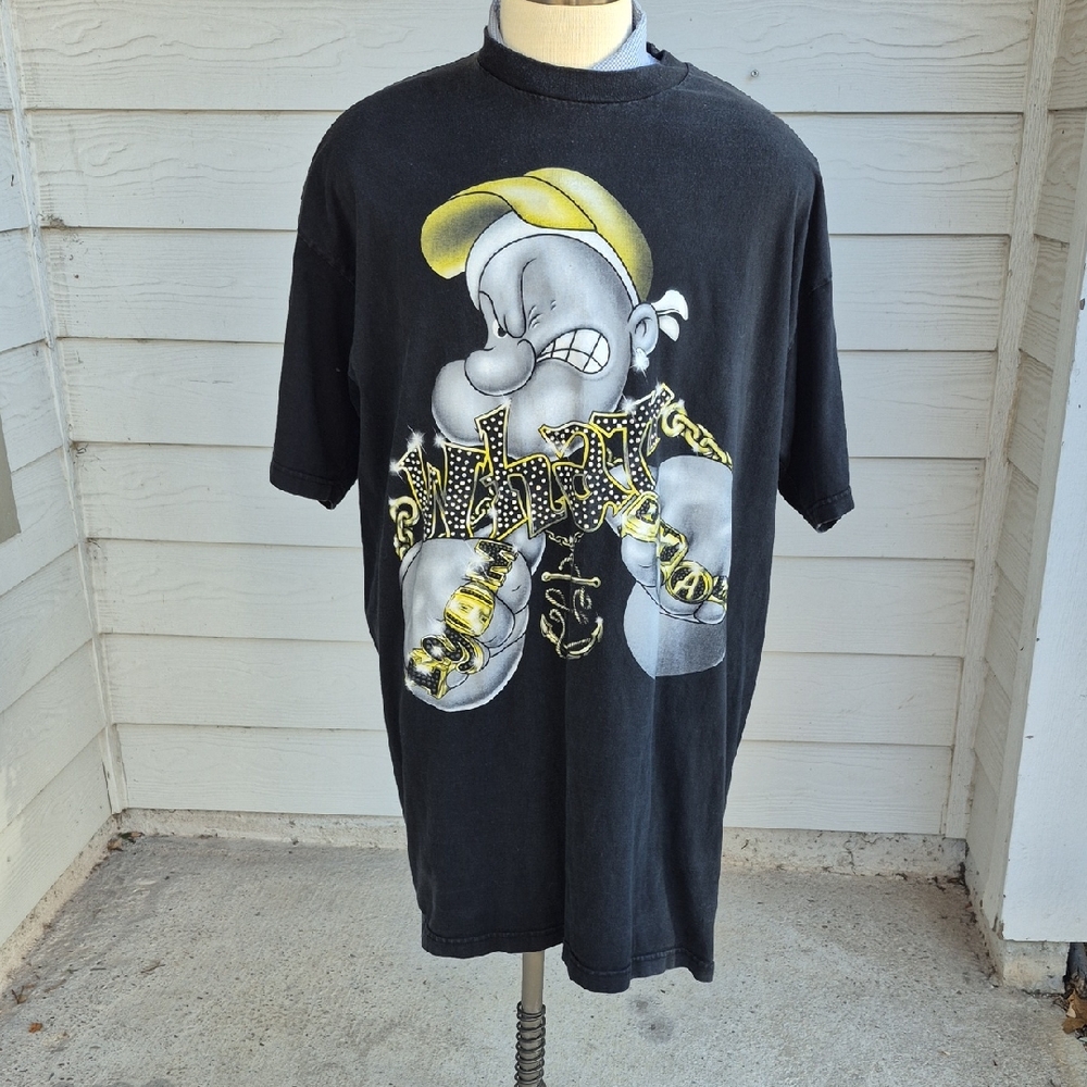 POPEYE Cartoon What Fade Black Gold‎ Stud Pro Cotton Sz 3XL Mens T Shirt Y2K VTG